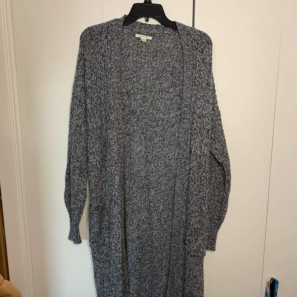 Two Tone Knit Charcoal Open Knee-Length Cardigan